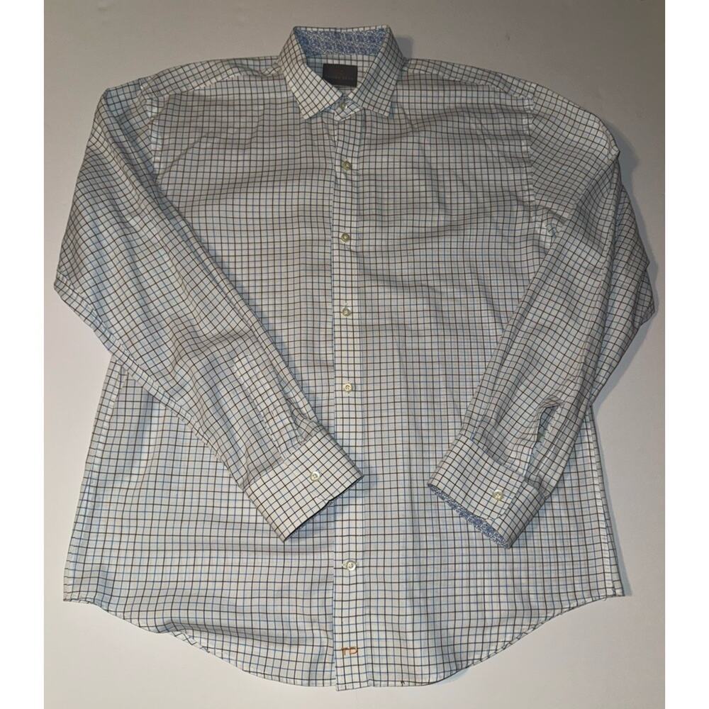 Tasso Elba TD Mens XL 18/40 Button Down Shirt Blue Check Cotton Dress